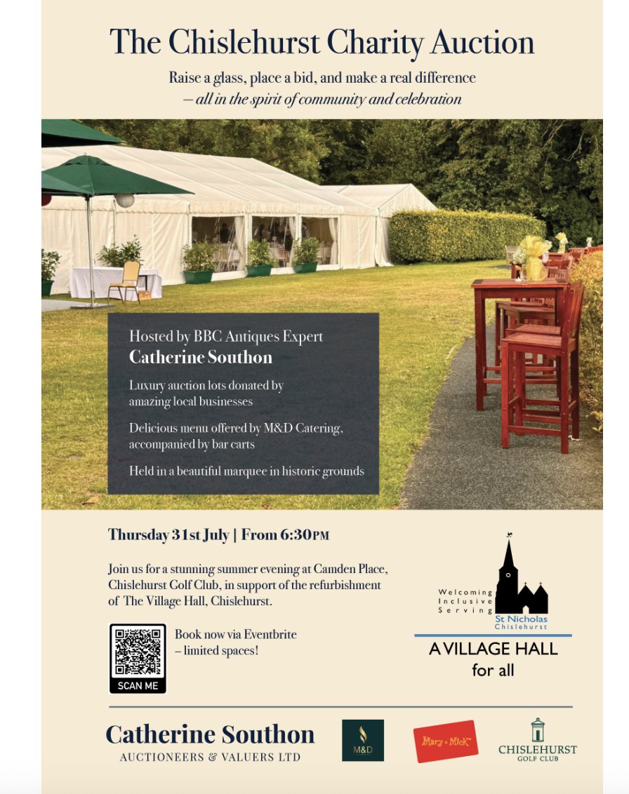 Churches Together (@ctcandb) on Twitter photo Tickets available for the Chislehurst Charity Auction on Thurs 31 July in aid of refurbishing St Nicholas Village Hall- a village hall for all! Doors open 6.30pm eventbrite.com/e/the-chislehu… To donate a luxury item to sell, contact Catherine Southon at KTulloch@catherinesouthon.co.uk Tickets available for the Chislehurst Charity Auction on Thurs 31 July in aid of refurbishing St Nicholas Village Hall- a village hall for all! Doors open 6.30pm eventbrite.com/e/the-chislehu… To donate a luxury item to sell, contact Catherine Southon at KTulloch@catherinesouthon.co.uk