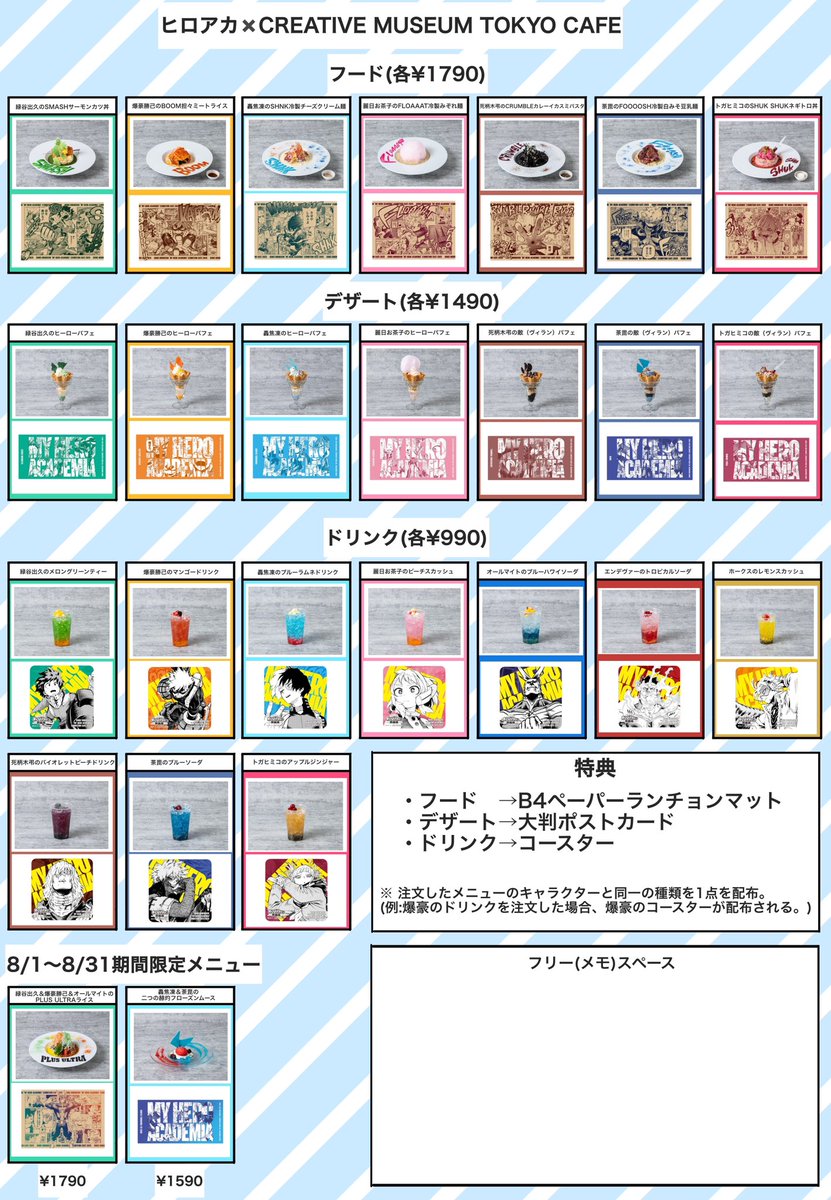 ひろあか展とカフェに行く同志へ🙌
もうすぐ展が始まりますね…
あまりにも品数が多すぎるので、自分と身内用にグッズリスト(購入メモ)を作ったので良かったらお使いください🙌 
暑さとコラボ・グッズラッシュが厳しいシーズンですがみんなで強く楽しく勝ち抜きましょうね‼️💪💥