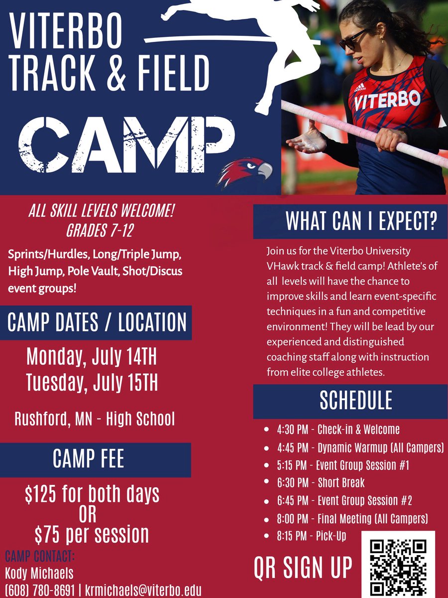 💥 High school athletes — Looking to get better this summer?

Join us for our first annual V-Hawk Track &amp; Field Camp!

📍Rushford, MN
📆 July 14th - 15th

Use the QR code to sign up OR use the link thats in our bio! See ya there 🫡

#GoVHawks