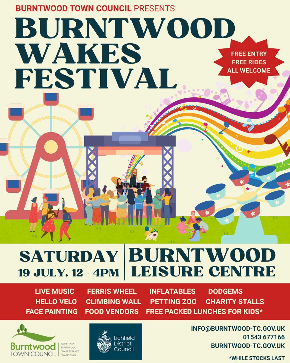 The Burntwood Wakes Festival will be held on Saturday 19th July, 12 - 4pm at Burntwood Leisure Centre.  We can't wait to welcome you to this fantastic FREE event.
