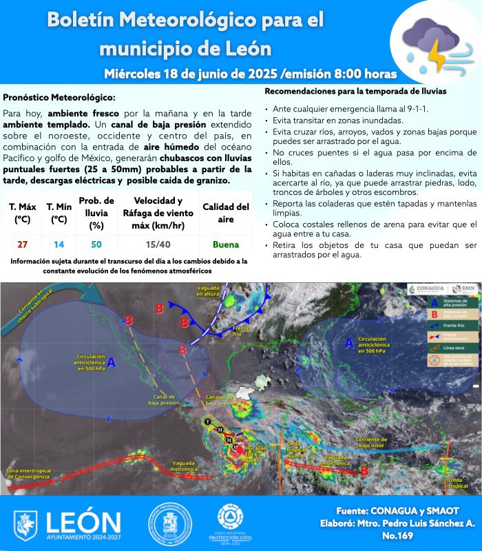 🌤️ Pronóstico del clima en León – 18 de junio del 2025
🔹 Temperatura: Entre 14°C y 27°C
🔹 Lluvias: 50%

📌 Recomendaciones de la SSPPCL:
🌞 Protégete del sol.
☔ Ante la lluvia: lleva impermeable o paraguas.

🩵 Canal de WhatsApp de la SSPPCL:
whatsapp.com/channel/0029Va…