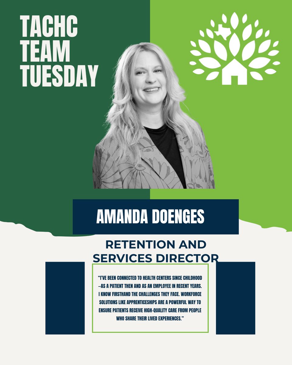 TexasCHCs's tweet image. Team Tuesday Spotlight 📷
Meet Amanda Doenges, Retention Program and Services Director at TACHC. Amanda works tirelessly to ensure our health centers have the support and resources they need to thrive. She champions our workforce initiatives such as apprenticeship and leadership…
