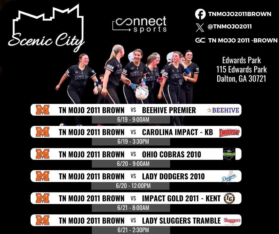 Looking forward to competing at the <a href="/ConnectSports_/">Connect Sports</a> Scenic City Showcase with <a href="/tnmojo2011/">TN Mojo 2011 - Brown</a>!

<a href="/KateMalveaux/">Kate Malveaux</a> <a href="/CoachMalveaux/">Chris Malveaux</a> <a href="/CoachBBuchanan/">Bobby Buchanan</a> <a href="/prstaggs/">Parker Staggs</a> @coachzack21 <a href="/Coach_Ricketts/">Samantha Ricketts</a> <a href="/rykerzc/">Ryker Zane Chason</a> <a href="/KaylaBraud1/">Kayla Braud</a> <a href="/e_newellcoach/">Eric Newell</a> <a href="/Jamie_Trachsel/">Jamie Trachsel</a> @ukcoachlawson @karenweekly <a href="/TimWalton/">Tim Walton</a>