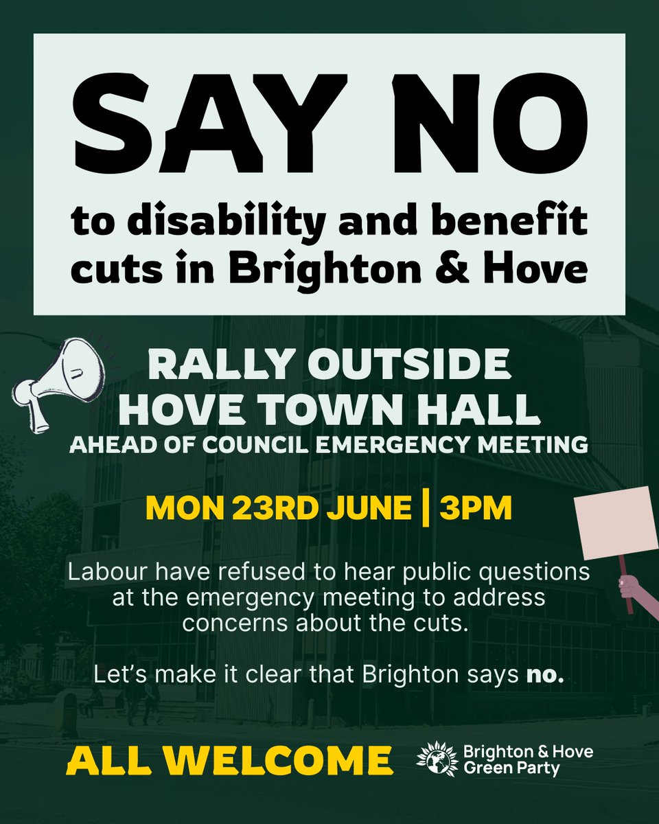 ✊Rally against welfare and disability cuts!
🗓️Next Monday, 3pm
📌Outside Hove Town Hall

Keir Starmer's cuts will have a brutal impact on our city - yet our Labour council are refusing to allow the public to have their say.

This is wrong. Join us outside Town Hall to say no.