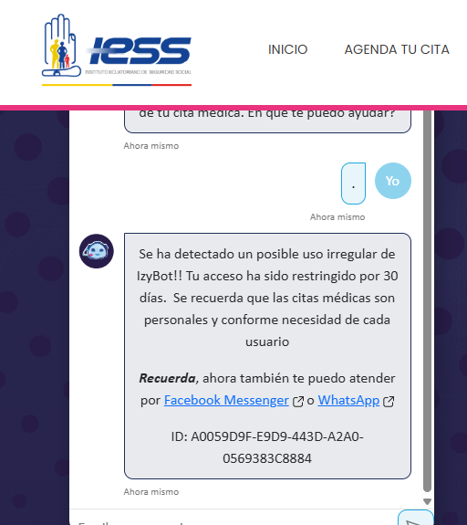 fatati_27's tweet photo. @IESSec varios días he tratado de conseguir una cita médica dentro de Guayaquil por medio de chatbot sin ningún resultado. Ahora me dice que se ha realizado un uso irregular. Qué hago? acaso esperar los 30 días y sigo con mis molestias médicas? @Presidencia_Ec https://t.co/SA3r8CQ77w