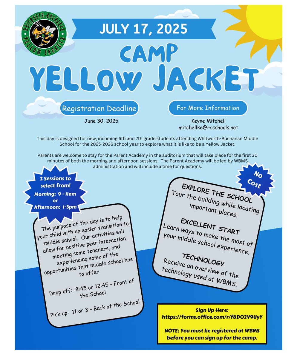 Incoming Yellow Jackets, you will not want to miss Camp Yellow Jacket on July 17th! Don’t forget to register by June 30th. Visit wbm.rcschools.net for more information and the link to register.