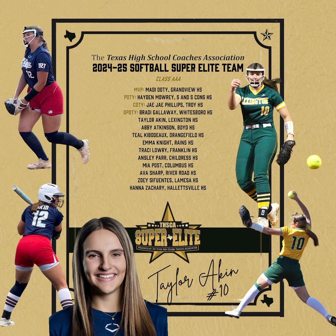 🔥 Congrats to #10 Taylor Akin (Lexington HS / Texas Blaze KTX Gold 16U) on being named to the 2024–25 THSCA Super Elite Team – Class 3A! 💪

A force in the circle and a leader on and off the field — proud of you, T!

#THSCA #SuperElite #TexasBlaze #BlazeProud #ClassOf2027