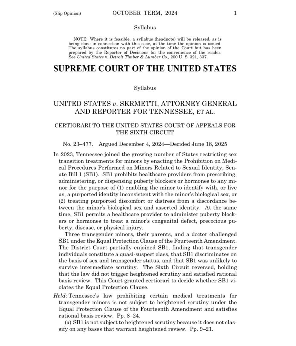 Nick Sortor (@nicksortor) on Twitter photo 🚨 #BREAKING: The Supreme Court has UPHELD Tennessee’s ban on transgender surgeries and hormone therapies for minors, 6-3
This is a HUGE win for children!
ALL STATES just received the green light to get on board! 🚨 #BREAKING: The Supreme Court has UPHELD Tennessee’s ban on transgender surgeries and hormone therapies for minors, 6-3
This is a HUGE win for children!
ALL STATES just received the green light to get on board!