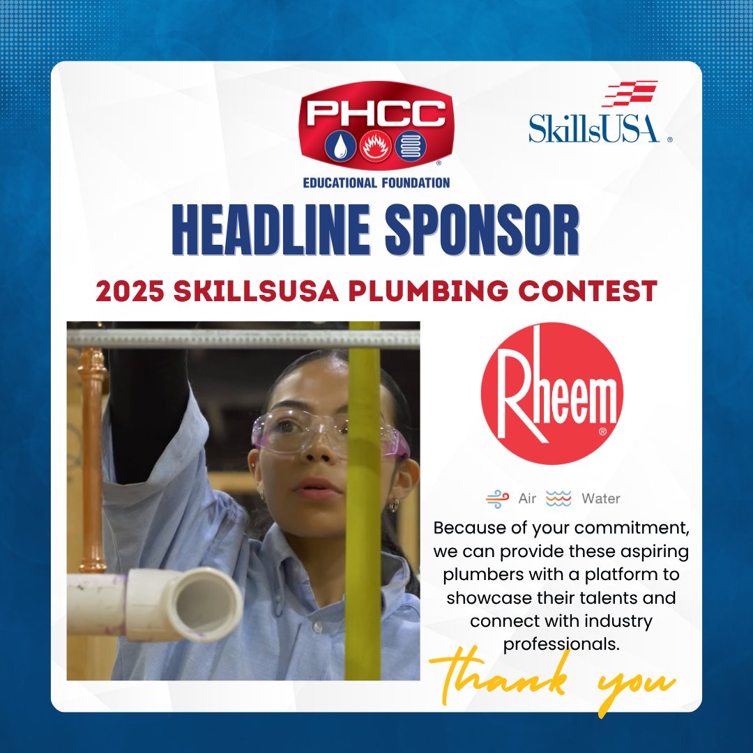 HUGE THANKS to our incredible headline sponsors like Rheem for making the 2025 SkillsUSA National Plumbing Championship possible!
Thank you for believing in our mission and investing in tomorrow's workforce. 💪

#SkillsUSA #PlumbingChampionship #Rheem