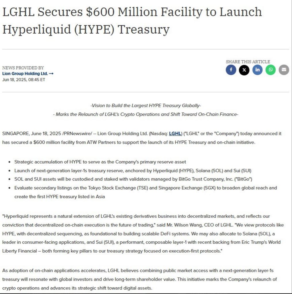 Another crypto Treasury Company @LionGroupLGHL, a Singapore tradfi  derivative company, secures $600m facility to aquire $HYPE, $SOL and $SUI  for its strategic treasury and become the first crypto Treasury company  listed on