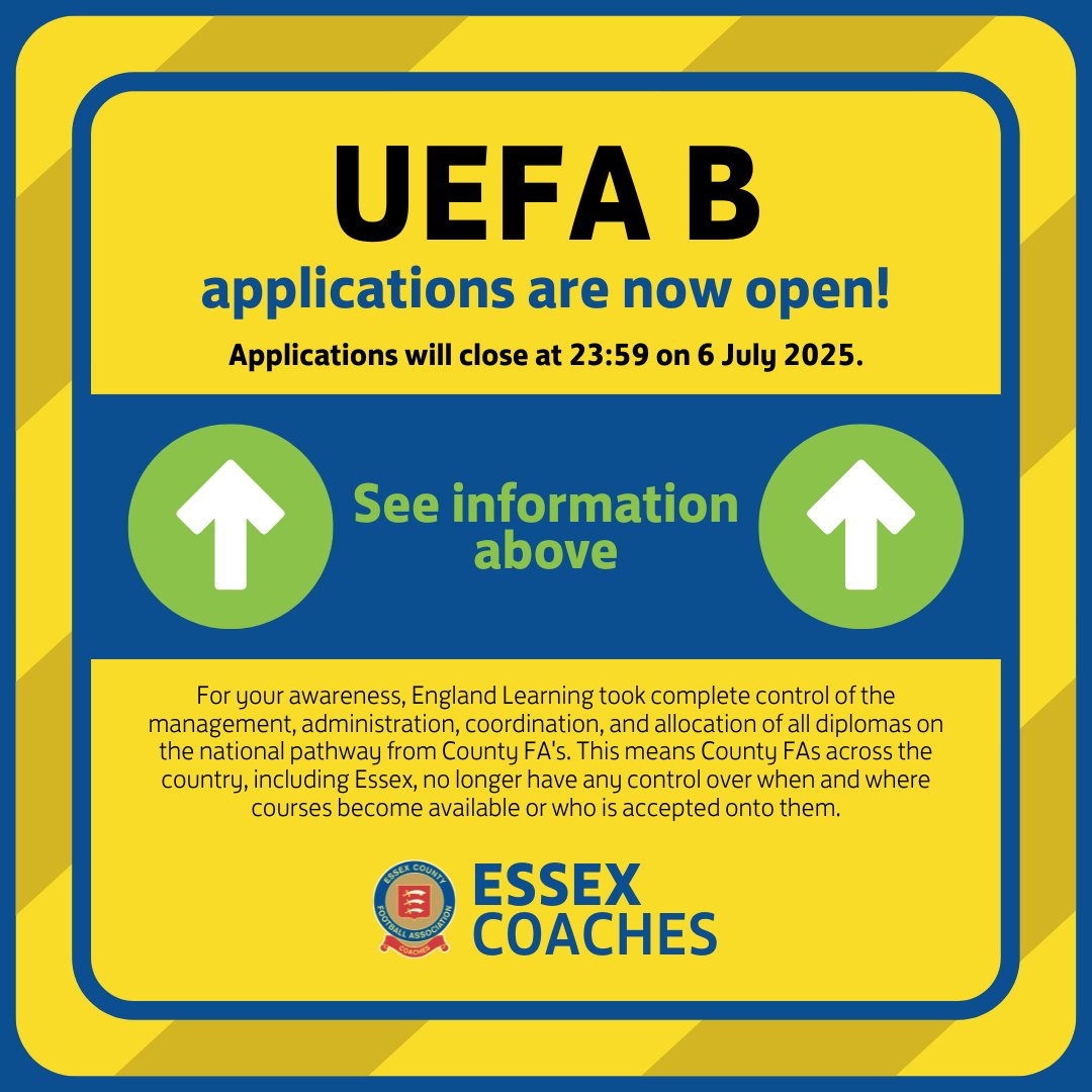 ⚽UEFA B Diploma Applications are now open!  Information below ⬇️

Please note:
⚠️There are NO ⛔ courses being run within Essex for the 25/26 season. The nearest 4️⃣ courses to Essex are within Cambridge and Wembley, London areas.
💷 Partially Funded Places are available. See