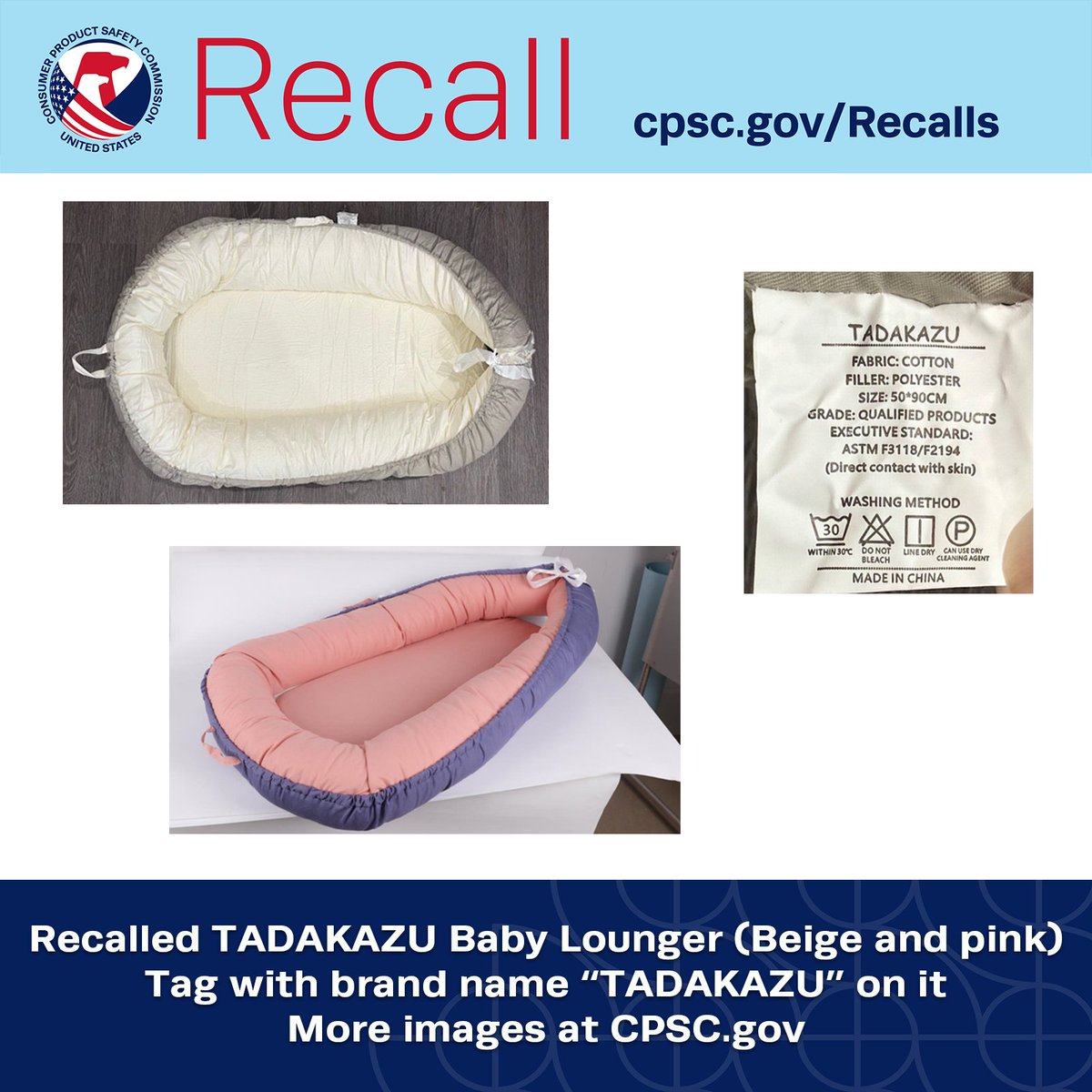 #RECALL: TADAZAKU Baby Loungers recalled due to risk of serious injury or death from suffocation, fall &amp; entrapment hazards; violations of federal standard; sold exclusively on Amazon.com. Get a refund. CONTACT: tadakazurecall@yeah.net.

More: cpsc.gov/Recalls/2025/T…