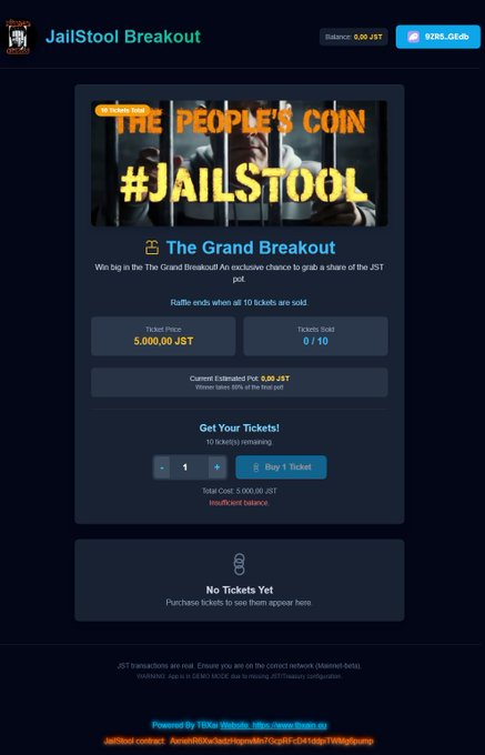 🚨 NEW: #Jailstool  Breakout Lottery 📷We’re testing a new mini-lottery with real JST prizes. 10 tickets. One winner. All on-chain. We need 7–10 testers to help us refine the system before launch. 📷@TbxXainto get early access credentials  Huge thanks to Tbx for building this —
