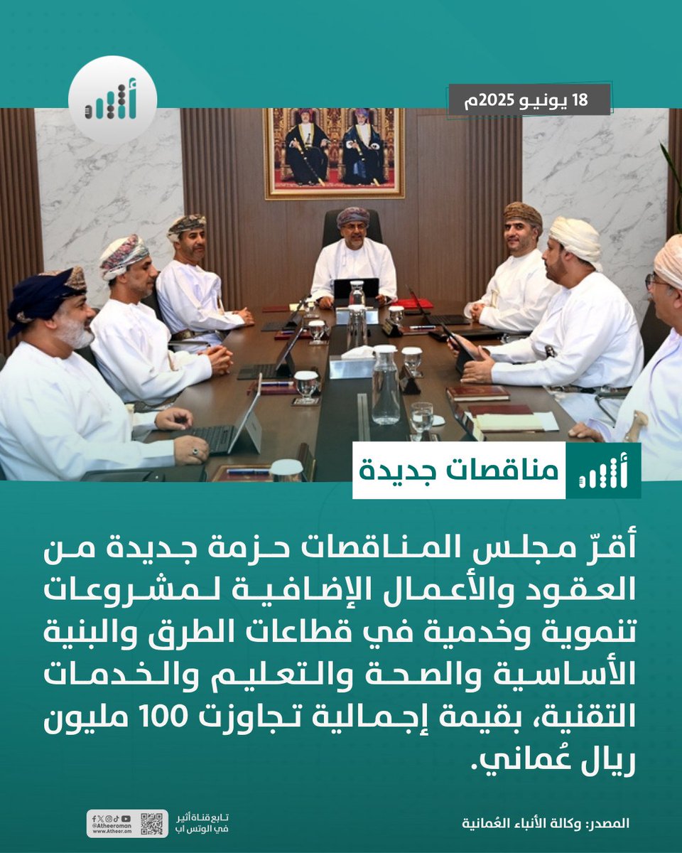 أثيـر | Atheer.om (@atheer_oman) on Twitter photo #أثير| أسند مجلس المناقصات عددًا من المناقصات والأعمال الإضافية لمشروعات تنموية متنوعة بقيمة إجمالية تجاوزت 100 مليون ريال عُماني، شملت قطاعات الطرق والصحة والتعليم والبنية الأساسية.
<a href="/GSTB_Oman/">هيئة المشاريع والمناقصات والمحتوى المحلي</a> #أثير| أسند مجلس المناقصات عددًا من المناقصات والأعمال الإضافية لمشروعات تنموية متنوعة بقيمة إجمالية تجاوزت 100 مليون ريال عُماني، شملت قطاعات الطرق والصحة والتعليم والبنية الأساسية.
<a href="/GSTB_Oman/">هيئة المشاريع والمناقصات والمحتوى المحلي</a>