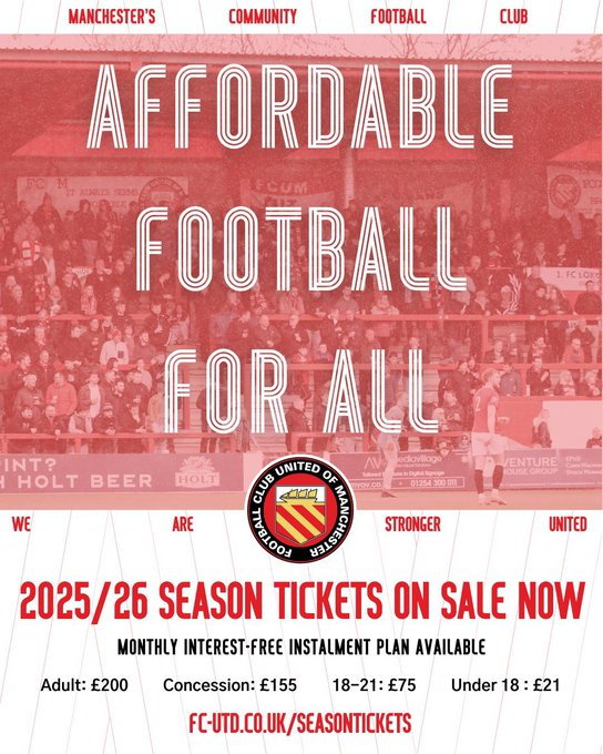 Football should be affordable for all! 
 
Our season tickets range from £21 to £200, that’s just £1 a game for under-18s and less than £9.53 a game for adults!
 
Our prices were decided by our members, because our club is owned by our fans.

Be part of it: fc-utd.co.uk/seasontickets