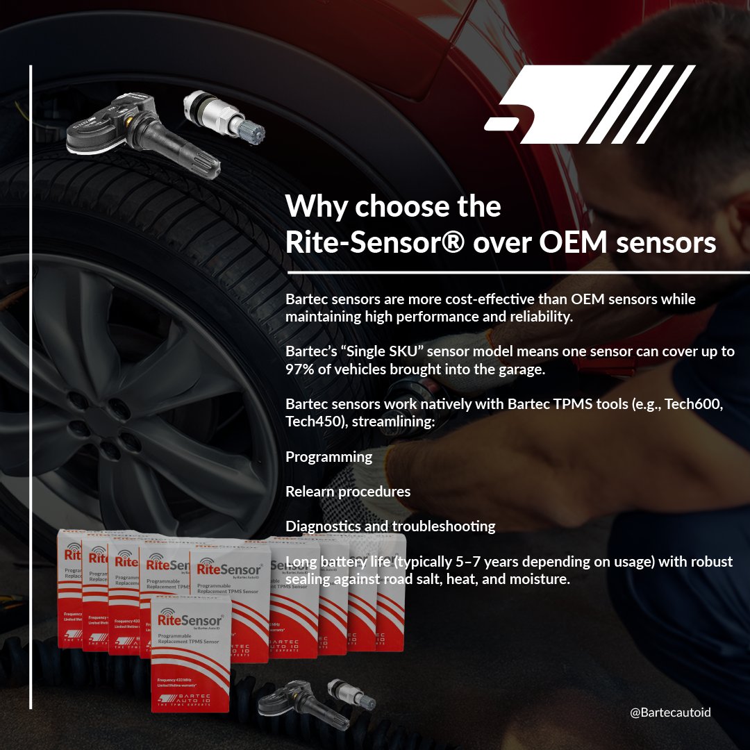 🔄 Understanding TPMS Battery Life - And Why Bartec's Rite-Sensor® Is the Smarter Replacement

We’ve put together a simple series of images to explain a key part of Tyre Pressure Monitoring Systems (TPMS): battery life.

🚗 TPMS batteries usually last 5–10 years , depending on