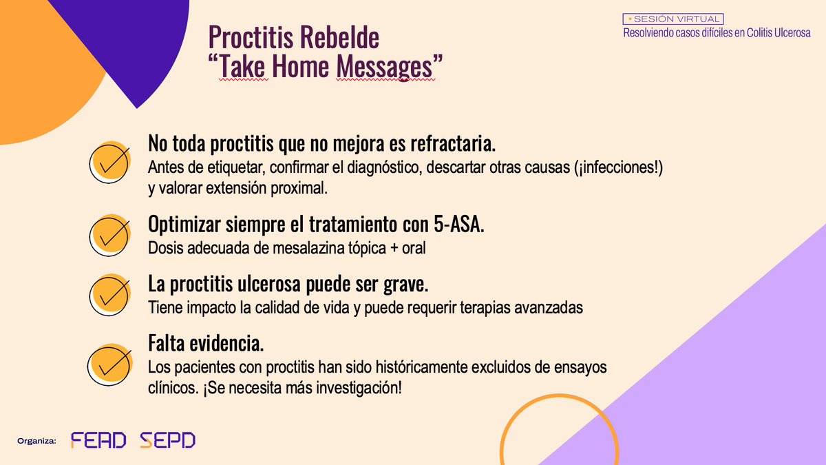 Sociedad Española de Patología Digestiva (SEPD) (@sepdigestiva) on Twitter photo #WebinarSEPD
Proctitis Rebelde
Take Home Messages!
✅No toda proctitis que no mejora es refractaria
✅Optimizar siempre el tratamiento con 5-ASA
✅La proctitis ulcerosa puede ser grave
✅Falta evidencia
🗣️<a href="/MartaCalvo12/">Marta Calvo Moya</a>
#EII #meditwitter #MedTwitter #Gastro #IBD <a href="/EIIPuertaHierro/">EII Puerta de Hierro</a> #WebinarSEPD
Proctitis Rebelde
Take Home Messages!
✅No toda proctitis que no mejora es refractaria
✅Optimizar siempre el tratamiento con 5-ASA
✅La proctitis ulcerosa puede ser grave
✅Falta evidencia
🗣️<a href="/MartaCalvo12/">Marta Calvo Moya</a>
#EII #meditwitter #MedTwitter #Gastro #IBD <a href="/EIIPuertaHierro/">EII Puerta de Hierro</a>
