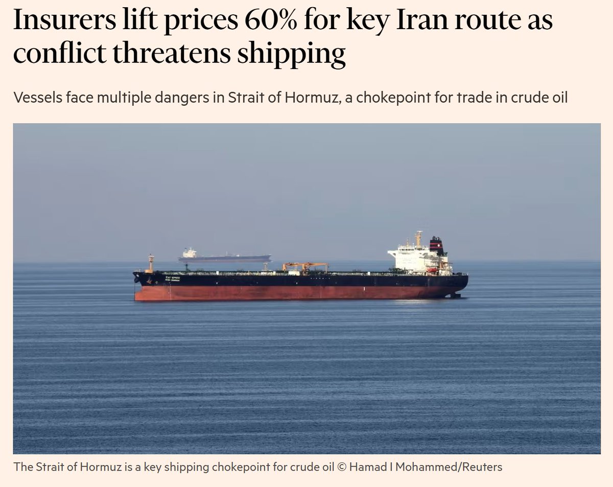 FT: "cost of hull and machinery insurance for ships passing through the strait—a narrow waterway between Iran and Oman, connecting the Gulf to the Arabian Sea—as well as the wider Gulf area had risen from 0.125% of the value of the ship to about 0.2%"

Still low, just beginning.