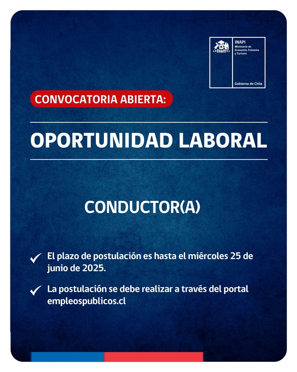 📣 Convocatoria abierta: INAPI inicia concurso público para el cargo de conductor(a) institucional.

 📌 Para acceder a los requisitos, etapas del proceso y para iniciar postulación, accede al siguiente enlace: empleospublicos.cl/pub/convocator…