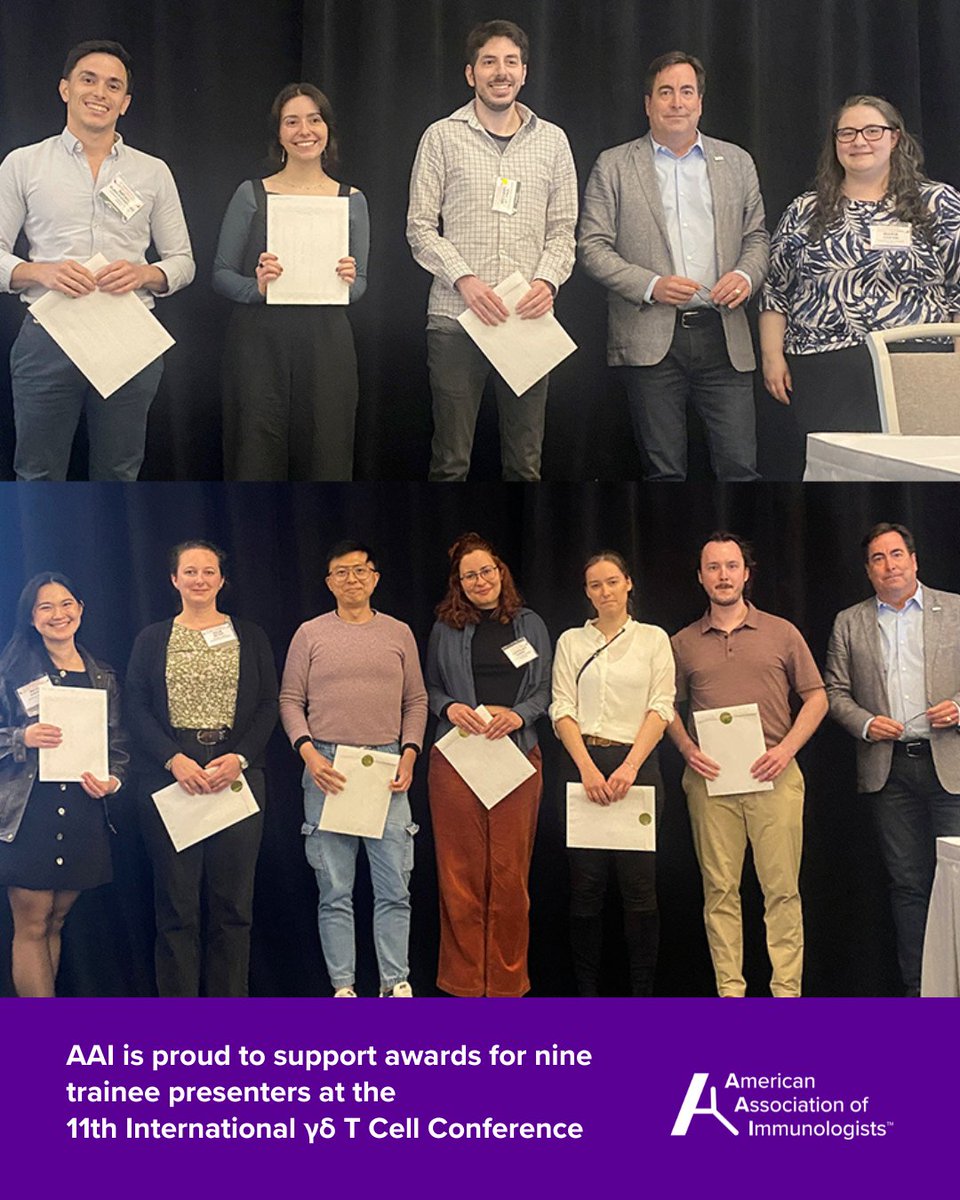 AAI is proud to support awards for nine trainee presenters at the 11th International γδ T Cell Conference. The 3 podium presenters and 6 poster presenters came from Canada, the UK, Germany, Australia, Portugal, and the US. Congratulations to the awardees! 
ow.ly/fR8e50WbE9e