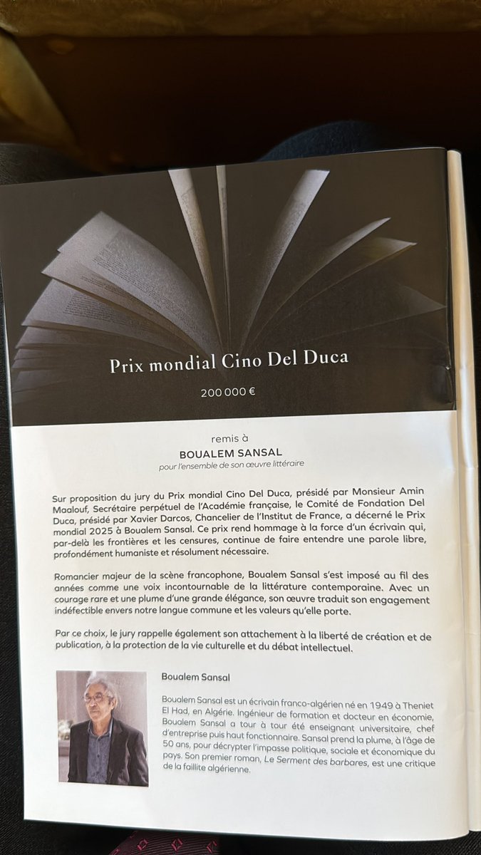 Jean-Noël Tronc (@jntronc) on Twitter photo Prix Mondial Cino del Luca récompense un message d’humanisme mondial. Parmi les lauréats passés Andrei Sakharov, Germaine Tillon, Yachar Kemal, Ismail Kadaré, Vaclav Havel et Milan Kundera
Décerné à #BoualemSansal 
Que reçoit en son nom Antoine 
<a href="/Gallimard/">Gallimard</a> 
<a href="/InstitutFrance/">Institut de France</a> Prix Mondial Cino del Luca récompense un message d’humanisme mondial. Parmi les lauréats passés Andrei Sakharov, Germaine Tillon, Yachar Kemal, Ismail Kadaré, Vaclav Havel et Milan Kundera
Décerné à #BoualemSansal 
Que reçoit en son nom Antoine 
<a href="/Gallimard/">Gallimard</a> 
<a href="/InstitutFrance/">Institut de France</a>