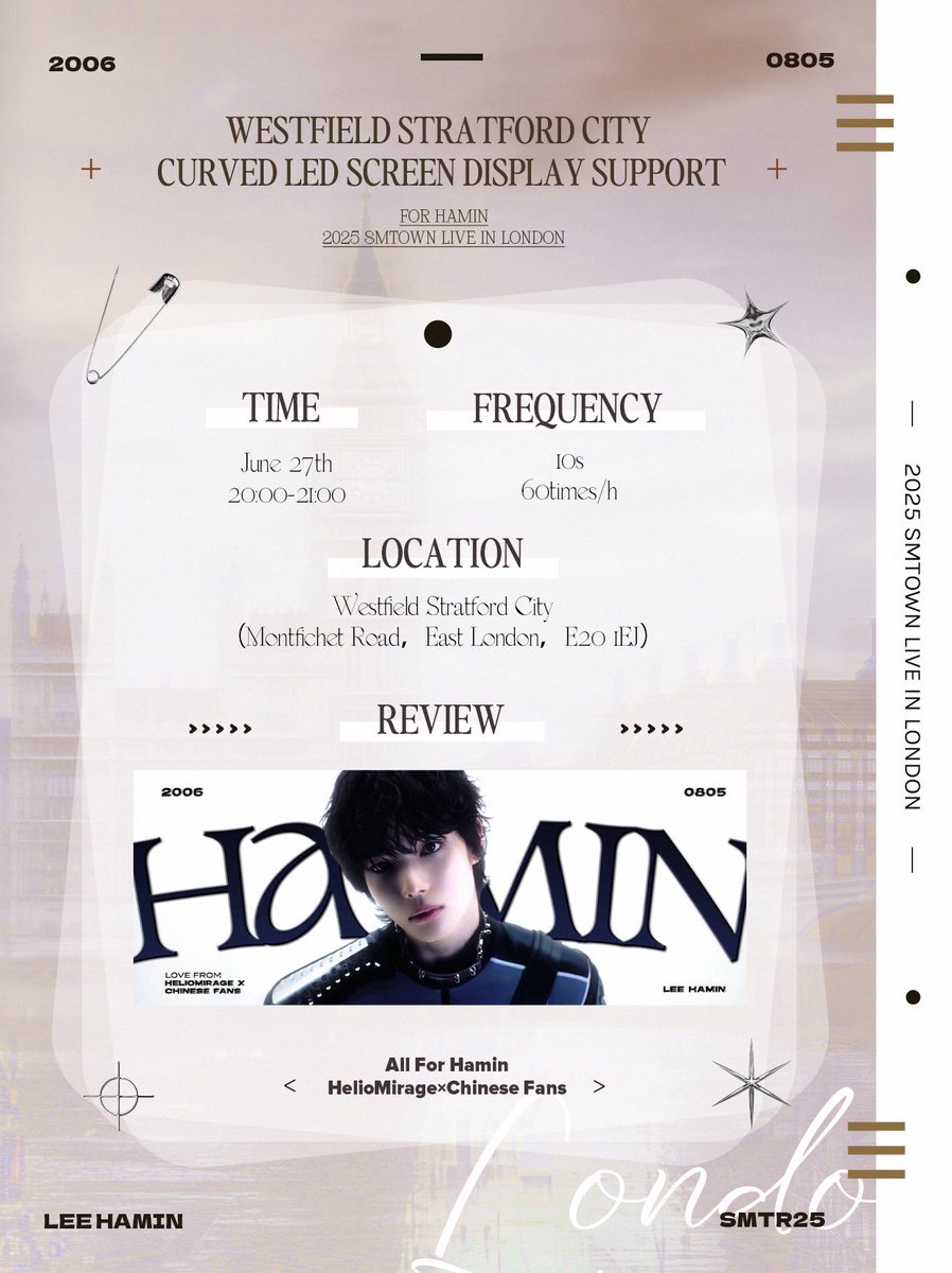 For Hamin
——WESTFIELD LONDON CURVED LED SCREEN DISPLAY SUPPORT
🕰️Time: June 27th 20:00-21:00
📍 Location: Westfield Stratford City

Wishing you a successful performance in SMTOWN LIVE
🩵Love From Chinese Fans

#SMTR25 #HAMIN #하민 #ハミン #SMNBG #LEEHAMIN