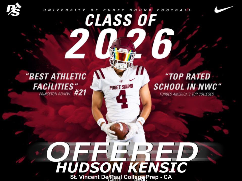 Hudson Kensic (@hudsonkensic) on Twitter photo After a great conversation with <a href="/LOGGER_LBCOACH/">UPS Loggers Coach Jeff Schmidt</a> I’m happy to say I’ve received an offer to play at <a href="/P_S_football/">Puget Sound Football</a> !! AG2G
<a href="/SVHS_FB/">St. Vincent de Paul College Prep Football</a> <a href="/CoachCamSVHS/">Cameron Eisenhauer</a> <a href="/ttherzog/">Coach Trent Herzog</a> <a href="/BrandonHuffman/">Brandon Huffman</a> <a href="/westcoastpreps_/">West Coast Preps</a> <a href="/PGregorian/">Paul Gregorian</a> <a href="/JustGusPD/">Gus Morris</a> <a href="/kodoherty22/">Kienan O'Doherty</a> After a great conversation with <a href="/LOGGER_LBCOACH/">UPS Loggers Coach Jeff Schmidt</a> I’m happy to say I’ve received an offer to play at <a href="/P_S_football/">Puget Sound Football</a> !! AG2G
<a href="/SVHS_FB/">St. Vincent de Paul College Prep Football</a> <a href="/CoachCamSVHS/">Cameron Eisenhauer</a> <a href="/ttherzog/">Coach Trent Herzog</a> <a href="/BrandonHuffman/">Brandon Huffman</a> <a href="/westcoastpreps_/">West Coast Preps</a> <a href="/PGregorian/">Paul Gregorian</a> <a href="/JustGusPD/">Gus Morris</a> <a href="/kodoherty22/">Kienan O'Doherty</a>