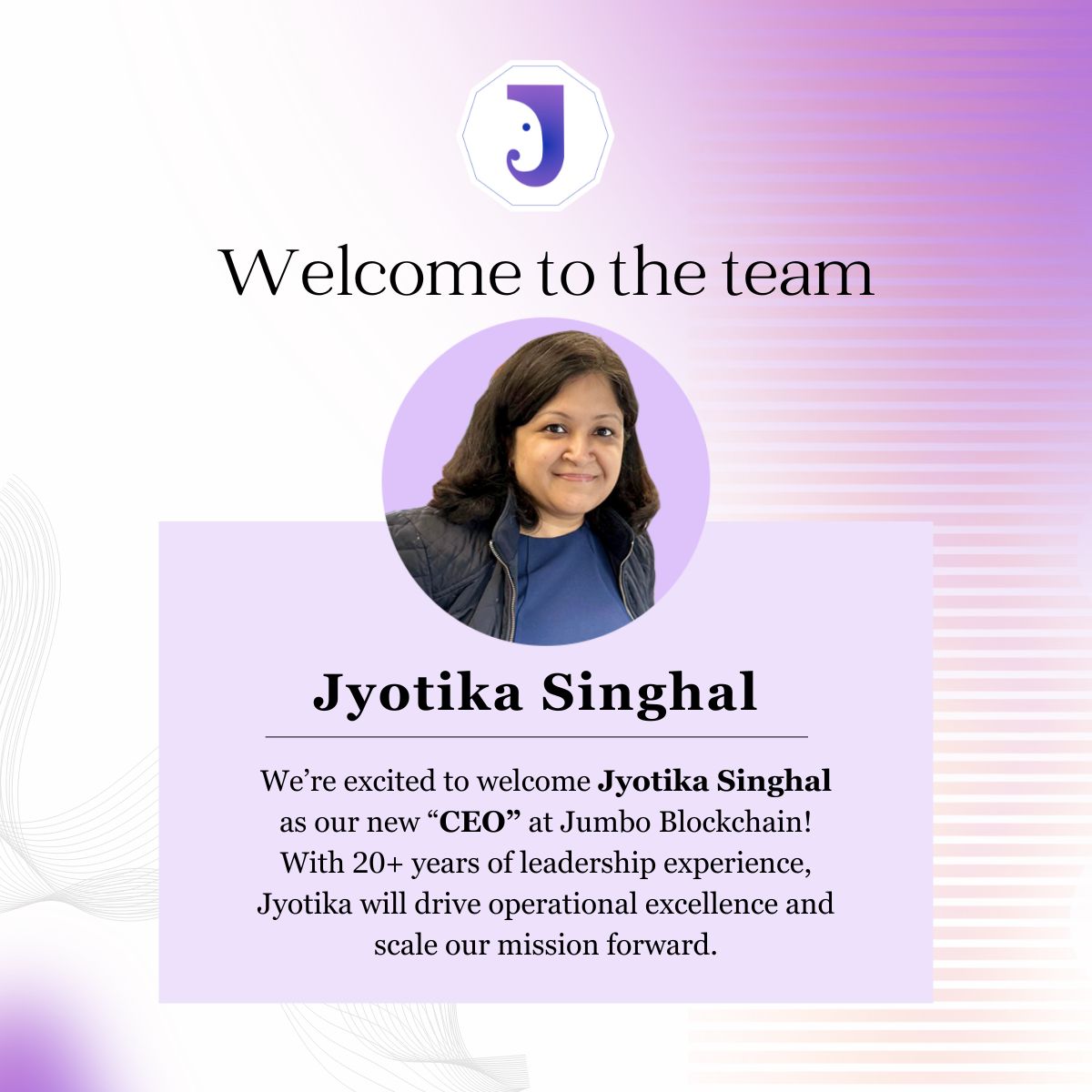 🚀 Leadership Update: We're thrilled to welcome Jyotika Singhal (<a href="/JYJUMBO/">JYJUMBO</a>) as the new CEO of Jumbo Blockchain!

With 20+ yrs of tech leadership, she’ll guide our Web3 innovation journey toward a smarter, more inclusive blockchain future. 💜

#WomenInTech #Web3Leadership