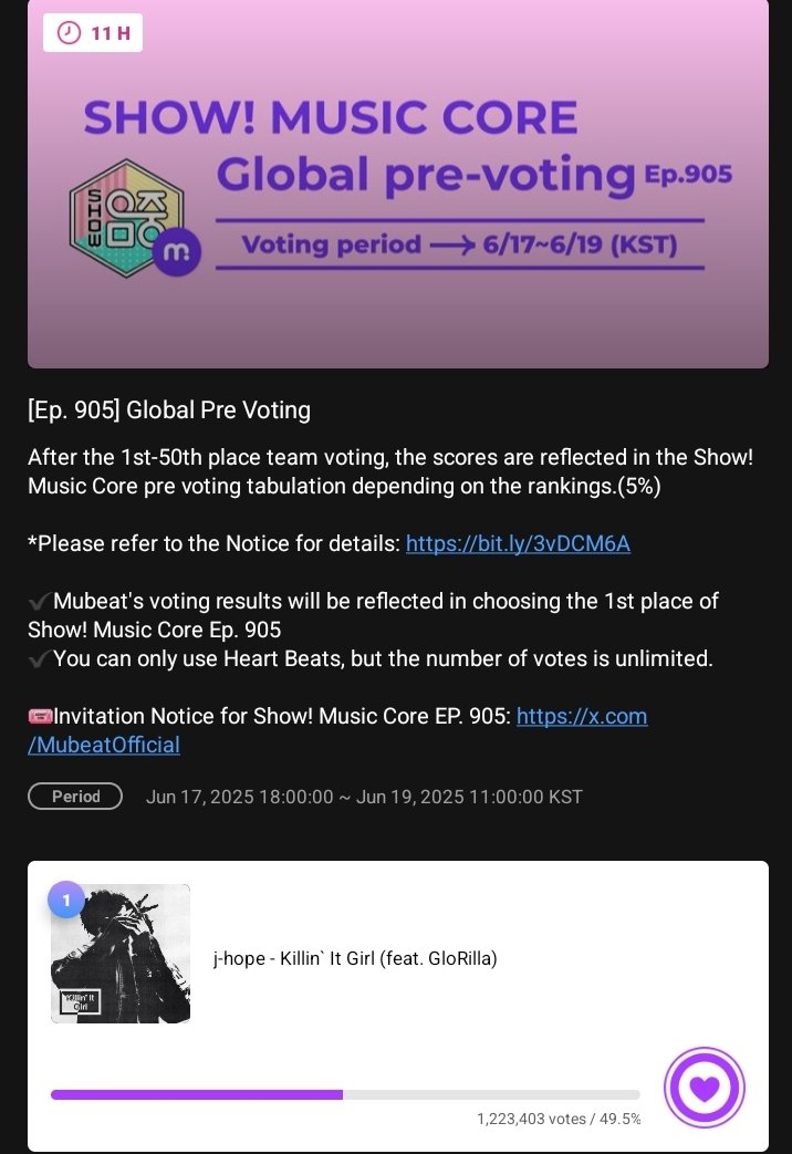coupsofmimi's tweet photo. MUSIC CORE PRE-VOTE | #nowvoting
Vote for J-hope's KILLIN' IT GIRL ft. GloRilla on Music Core global pre vote in MUBEAT app!
βοΈ: Earn heart beats by: WATCHING ADS, ANSWER QUIZ, MISSIONS.
π: Open until June 19th - 11AM KST
βοΈβπ₯: https://t.co/lt3zcbMIeu https://t.co/Qwy03VD6Z7