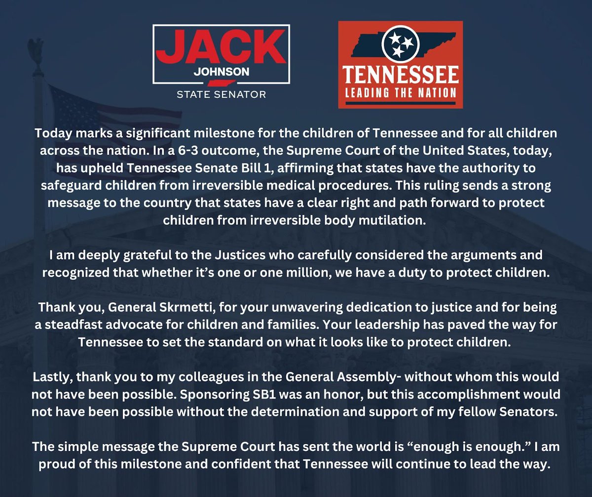 Grateful the Supreme Court affirmed that states have the authority to safeguard children from irreversible medical procedures.