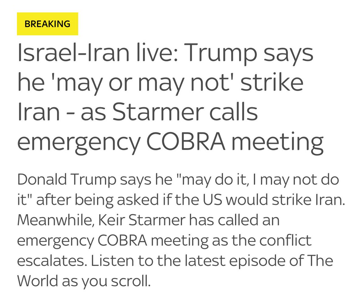 Secondo me, “TRUMP” non ha veramente intenzione di combattere l’Iran “fino all’ultimo sangue” a prescindere.

Adesso, osserverà come si svilupperà la situazione ed eventualmente gli USA si uniranno alla guerra per dare “il colpo di grazia” al regime iraniano e gettare un minimo