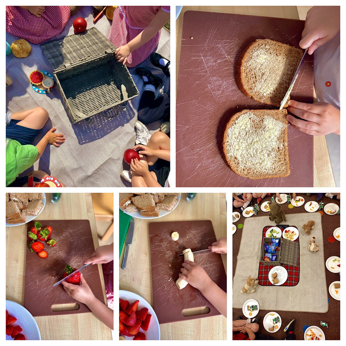 EYFSsdla's tweet image. 🧸 Today our nursery children enjoyed a lovely Teddy Bears’ Picnic! We prepared our own food, making sandwiches and cutting up fruit & veg. 🥪🍓🥕 Then we all sat together and chatted about our favourite picnic foods – such a fun and tasty day! 🌞🧺 @SDLPrimary @ExceedLP