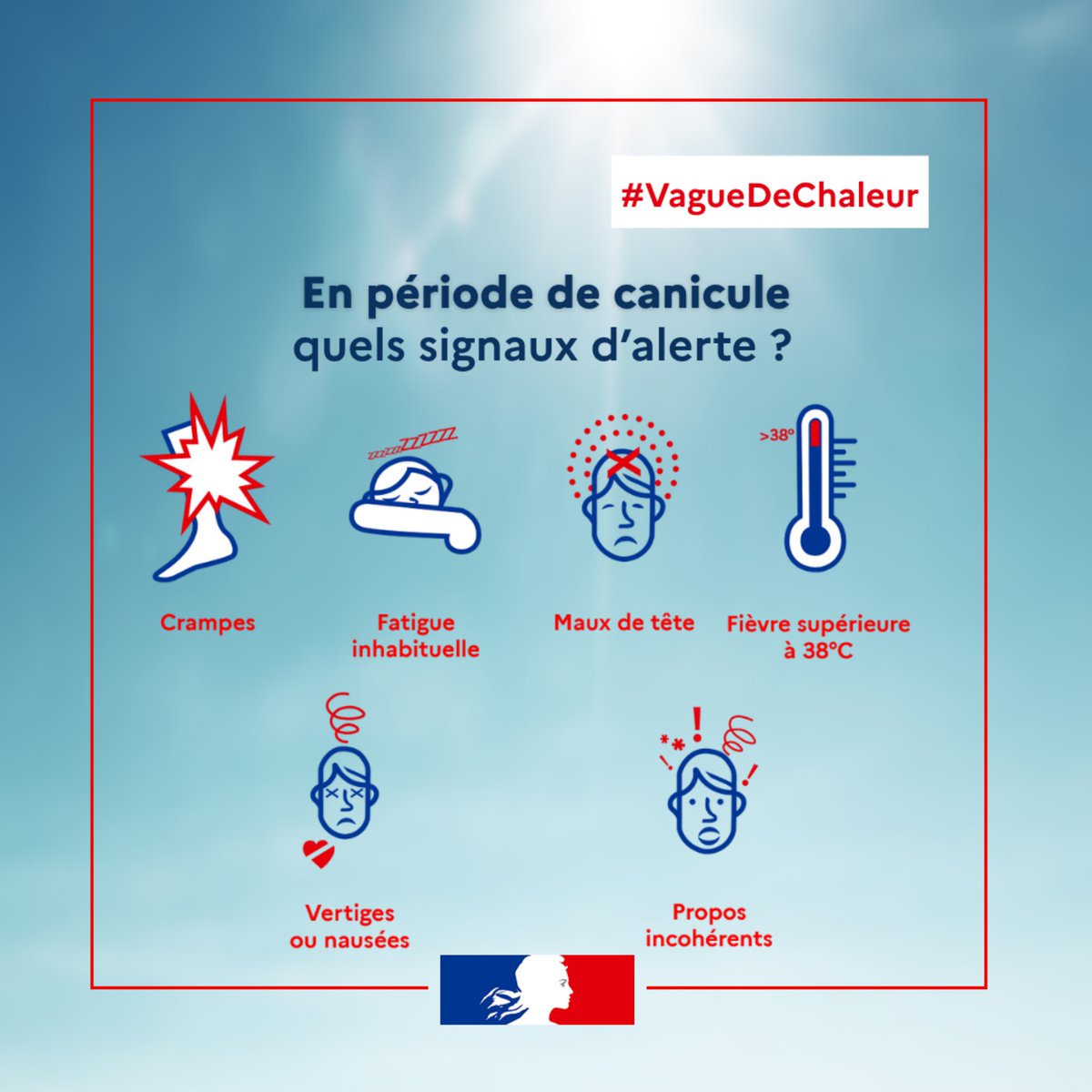 #VagueDeChaleur | En période de fortes chaleurs, certains symptômes peuvent être des signaux d'alerte.  👉 Si ces signes apparaissent, consultez un médecin ou appelez le 15