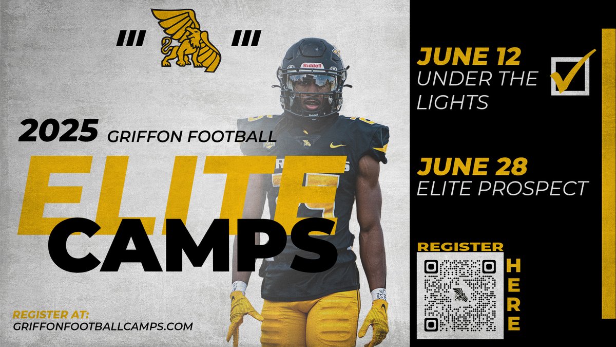 🦅𝐄𝐥𝐢𝐭𝐞 𝐂𝐚𝐦𝐩𝐬🦁
Take advantage of this ELITE opportunity!
🗓️June 28
GriffonFootballCamps.com

#PerfectMix26 | #A10Mentality