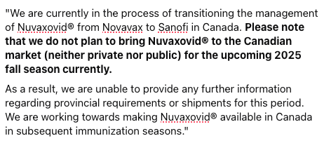 NO @novavax in Canada this year!
Just got this from <a href="/SanofiCanada/">Sanofi Canada</a> 
Another roadtrip south to stay protected...