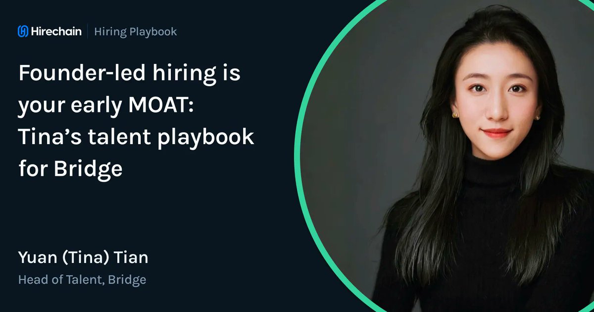 7th talent playbook dropped.

Tina Tian (Head of Talent at Bridge) on why founder-led hiring beats the usual advice:

- Do your own recruiting early - outsourcing the signal = hiring a chef before knowing what food you like

- Hire senior, not junior - time is everything when