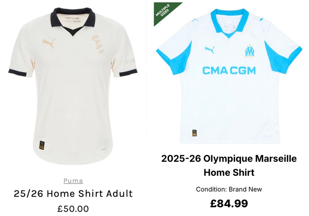 Same shirt. 
Same material.
Same cut. 
Same neckline. 
Same style badges and logos.
£35 difference.

If Port Vale can sell it for £50, Marseille can sell it for £50. We shouldn't tolerate shirts being priced differently like this.