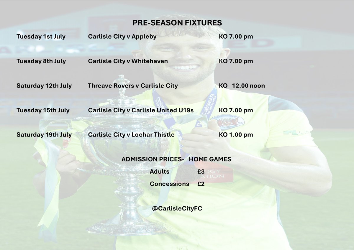 Carlisle City FC Official (@carlislecityfc) on Twitter photo PRE-SEASON SCHEDULE- we can now reveal the details of the games and admission prices.
With four home games, we are offering a sponsorship package to include all of them. If your business might be interested, please get in touch. <a href="/bbccumbriasport/">BBC Sport Cumbria</a> PRE-SEASON SCHEDULE- we can now reveal the details of the games and admission prices.
With four home games, we are offering a sponsorship package to include all of them. If your business might be interested, please get in touch. <a href="/bbccumbriasport/">BBC Sport Cumbria</a>