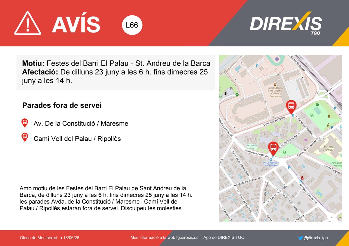 DIREXIS TGO (@direxis_tgo) on Twitter photo ⚠ Atenció #L66 <a href="/Ajuntamentsab/">Sant Andreu de la Barca</a>
🗓 De dilluns 23 juny a les 6 h. fins dimecres 25 juny a les 14 h.
⛔ Parades fora de servei
Amb motiu de les festes del barri El Palau de #SantAndreudelaBarca, hi hauran parades fora de servei. Disculpeu les molèsties. ⚠ Atenció #L66 <a href="/Ajuntamentsab/">Sant Andreu de la Barca</a>
🗓 De dilluns 23 juny a les 6 h. fins dimecres 25 juny a les 14 h.
⛔ Parades fora de servei
Amb motiu de les festes del barri El Palau de #SantAndreudelaBarca, hi hauran parades fora de servei. Disculpeu les molèsties.