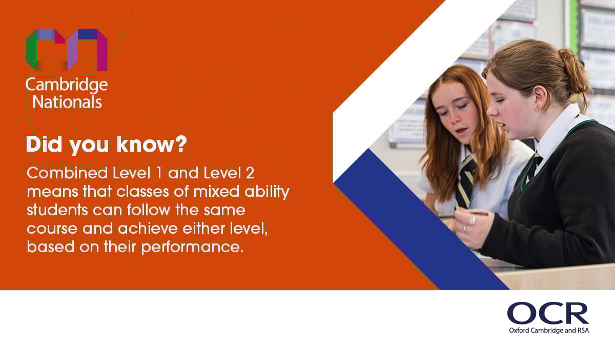 🎓 Cambridge Nationals are Combined Level 1/ Level 2, so mixed ability students can follow the same course and achieve the level that reflects their performance. 

One course. More opportunity. hubs.li/Q03pMg8t0 

#CambridgeNationals #OCR #VocationalLearning