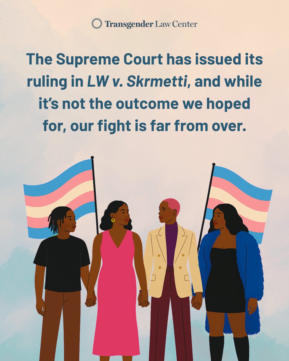 TransLawCenter's tweet image. The Supreme Court has upheld Tennessee’s ban on gender-affirming care for trans youth in U.S. v. Skrmetti.

Let’s be clear: gender-affirming care is care. Trans youth deserve safety, support, and the freedom to grow into who they are on their own terms.