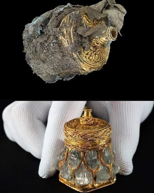 This Roman rock crystal jar, originating from the Viking era, was retrieved from the Galloway hoard, which was discovered in a ploughed field in western Scotland in 2014. The artifact has undergone a remarkable restoration process. Measuring approximately 5 cm (2 inches) in