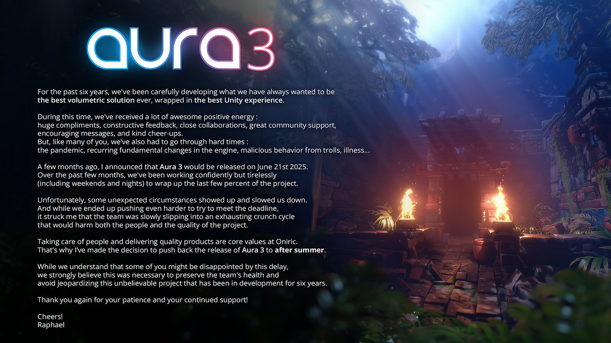After 6 years in the making, I’ve decided not to rush the final steps of Aura 3.
We’re pushing the release a bit, to after summer, in order to protect the team and the quality of the project.

Thank you all for your amazing support!
More news soon!