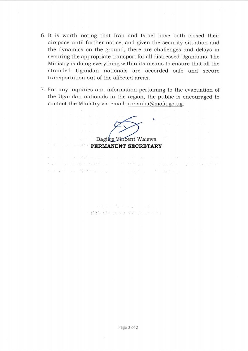 𝐒𝐓𝐀𝐓𝐄𝐌𝐄𝐍𝐓 | The Ministry of Foreign Affairs in close coordination with the accredited diplomatic missions and various agencies of Government in Iran and Israel, have taken steps to ensure a safe and secure evacuation of Ugandans stranded in Iran and Israel.