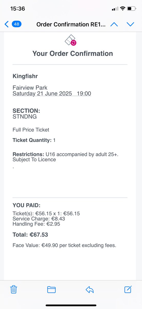 I have 1 spare standing ticket for <a href="/KingfishrBand/">Kingfishr</a> in #FairviewPark - bought as resale on Ticketmaster.  I can Transfer it via email. Just looking for face value €67.53 incl fees.   #ticketfairy #KingFishr
