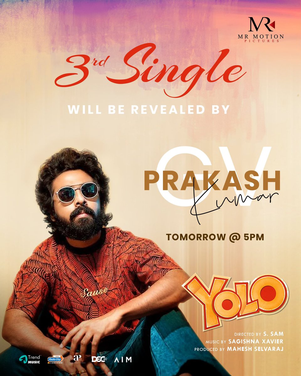 Team AIM (@teamaimpr) on Twitter photo Falling in love, one note at a time ✨
The new tune of love from #YOLO is releasing Tomorrow at 5PM❤️
Stay tuned!!
🎤<a href="/gvprakash/">G.V.Prakash Kumar</a> @PriyankaNKoffl
🖋️ @muthamilrms
<a href="/ActorDev_offl/">Dev</a> <a href="/Samthecreator/">Samdir</a> <a href="/Devu_devika77/">Devika Satheesh</a> <a href="/mrmpmovies/">M R MOTION PICTURES</a> <a href="/x_sagishna/">Sagishna Xavier</a> #Joewinshamalina #Yazinnizar <a href="/soupersubu/">supersubu</a> Falling in love, one note at a time ✨
The new tune of love from #YOLO is releasing Tomorrow at 5PM❤️
Stay tuned!!
🎤<a href="/gvprakash/">G.V.Prakash Kumar</a> @PriyankaNKoffl
🖋️ @muthamilrms
<a href="/ActorDev_offl/">Dev</a> <a href="/Samthecreator/">Samdir</a> <a href="/Devu_devika77/">Devika Satheesh</a> <a href="/mrmpmovies/">M R MOTION PICTURES</a> <a href="/x_sagishna/">Sagishna Xavier</a> #Joewinshamalina #Yazinnizar <a href="/soupersubu/">supersubu</a>