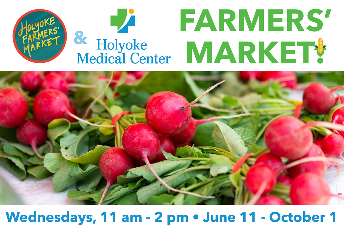 Stop by the HMC Farmer's Market tomorrow! The Farmer's Market will take place every Wednesday through October 1 from 11 a.m.- 2 p.m.! Free valet parking and free shuttle services available - visit HolyokeHealth.com/Market for more info!