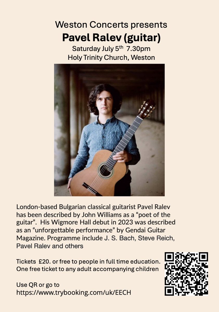 Pavel Ralev will be playing Steve Reich’s Electric Counterpoint alongside his own compositions and J S Bach among others on Saturday 5 July. Book your tickets now! Our last planned guitar concert in this our final season of Weston Concerts.
try booking.com/uk/EECH