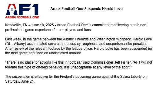 Inside the Arena (@inside_arena) on Twitter photo BREAKING: <a href="/af1football/">AF1</a> has suspended <a href="/FirebirdsAF1/">Albany Firebirds</a> defensive lineman Harold Love for the team's semifinal game against the <a href="/salina_liberty/">Salina Liberty</a> on Saturday after Love "accumulated several unnecessary roughness and unsportsmanlike penalties." BREAKING: <a href="/af1football/">AF1</a> has suspended <a href="/FirebirdsAF1/">Albany Firebirds</a> defensive lineman Harold Love for the team's semifinal game against the <a href="/salina_liberty/">Salina Liberty</a> on Saturday after Love "accumulated several unnecessary roughness and unsportsmanlike penalties."