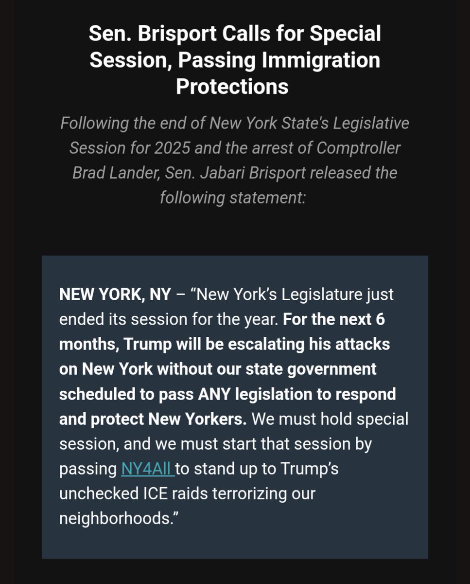 Chris Gelardi (@chrisgelardi) on Twitter photo Senator <a href="/JabariBrisport/">Jabari Brisport</a> calls for a special session to remedy the fact that the state legislature has ended for the year without passing immigration protections. Senator <a href="/JabariBrisport/">Jabari Brisport</a> calls for a special session to remedy the fact that the state legislature has ended for the year without passing immigration protections.